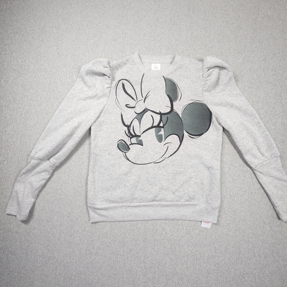 Disney Minnie Mouse Sweatshirt Womens Small Gray Excellent Puff Sleeve Graphic